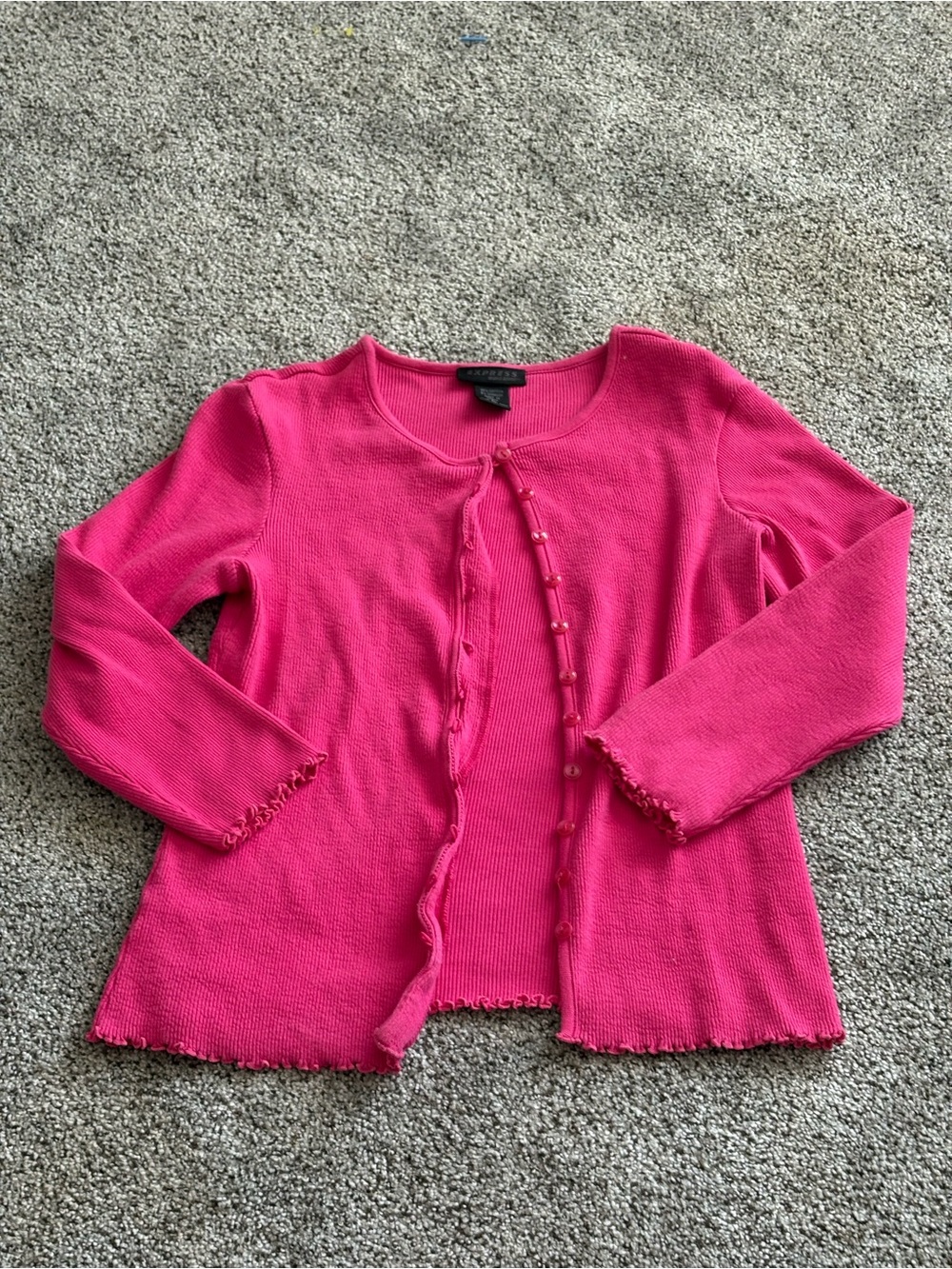 Express Bright Pink Ruffle-Trim Pearl Button Cotton Cardigan
